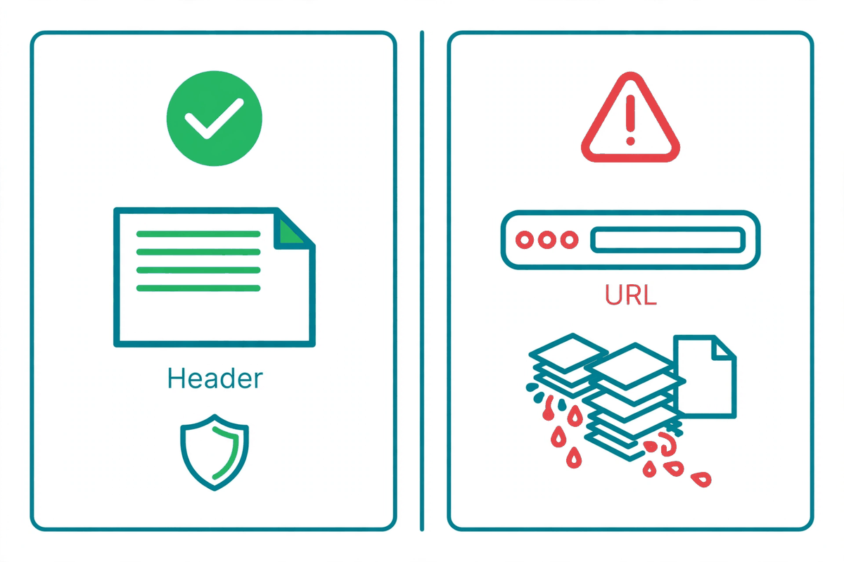 Diagram comparing an API key sent safely in a request header versus exposed in a URL query string that leaks into logs