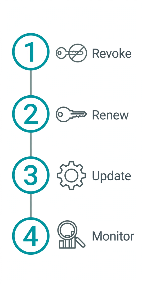 Diagram of the leak response checklist: revoke the key, generate a new one, update configuration, search git history, monitor usage