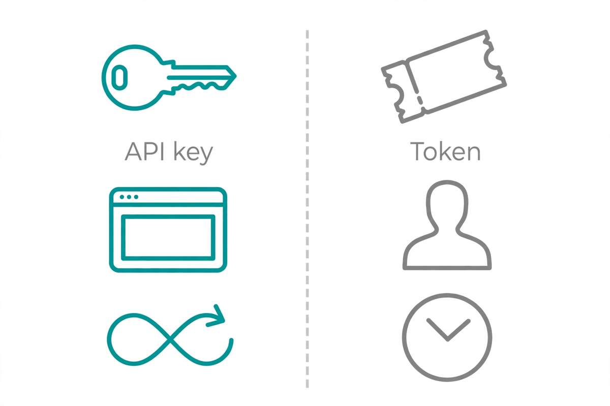 Diagram comparing an API key as a long-lived static secret naming the app versus a token as a short-lived credential naming the user