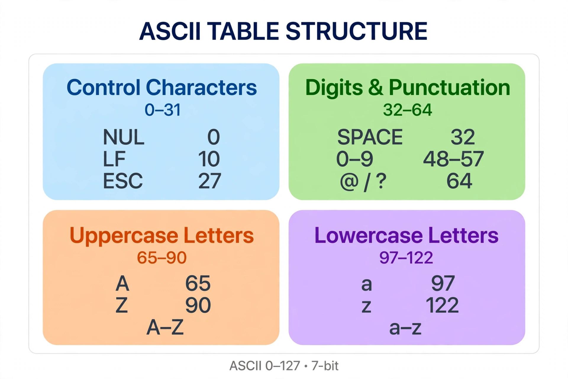 Diagram of the ASCII table structure: control characters 0-31, digits and punctuation 32-64, uppercase letters 65-90, lowercase letters 97-122