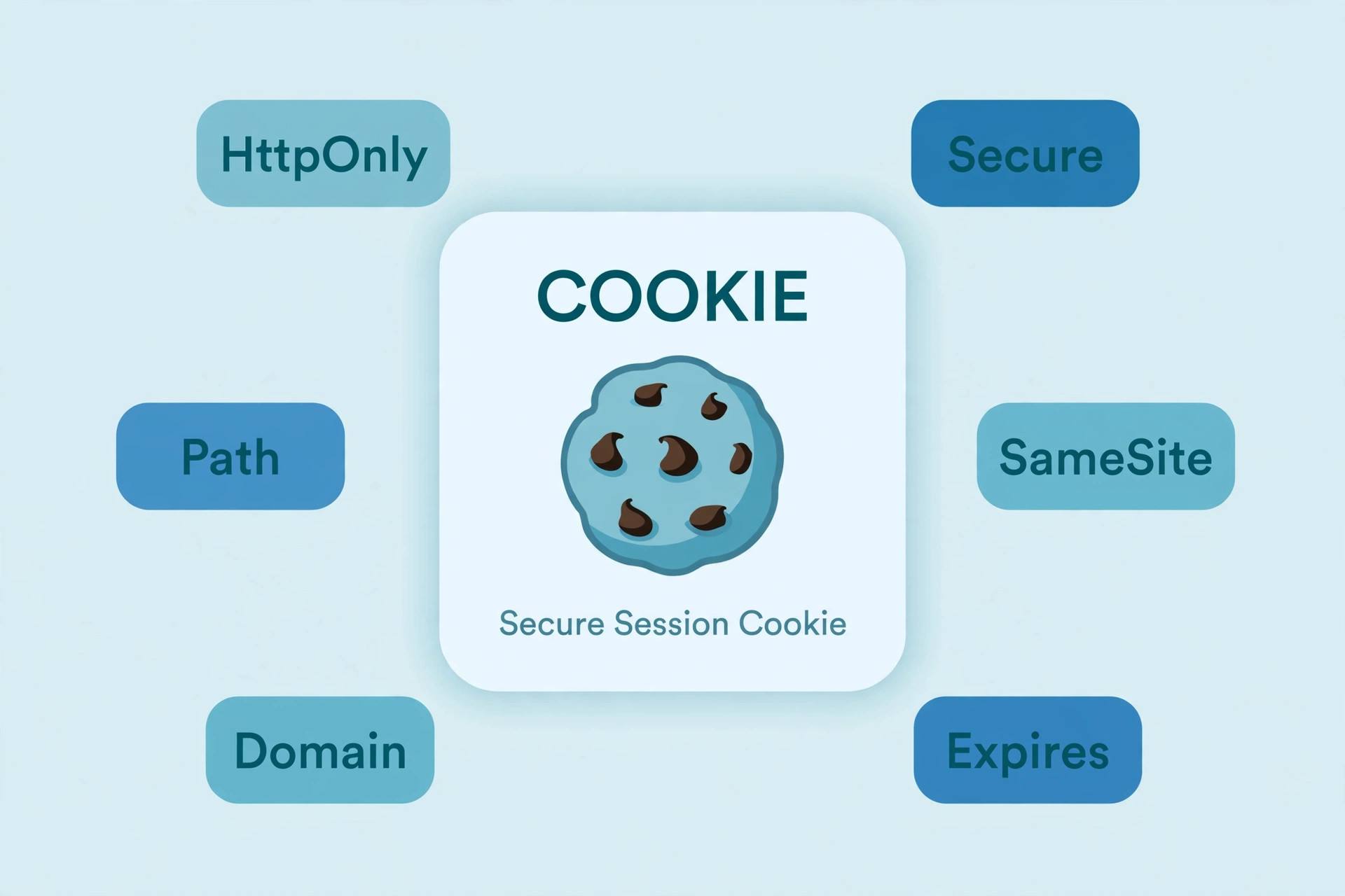Diagram of a cookie card surrounded by its attribute chips: HttpOnly, Secure, SameSite, Expires, Domain, and Path