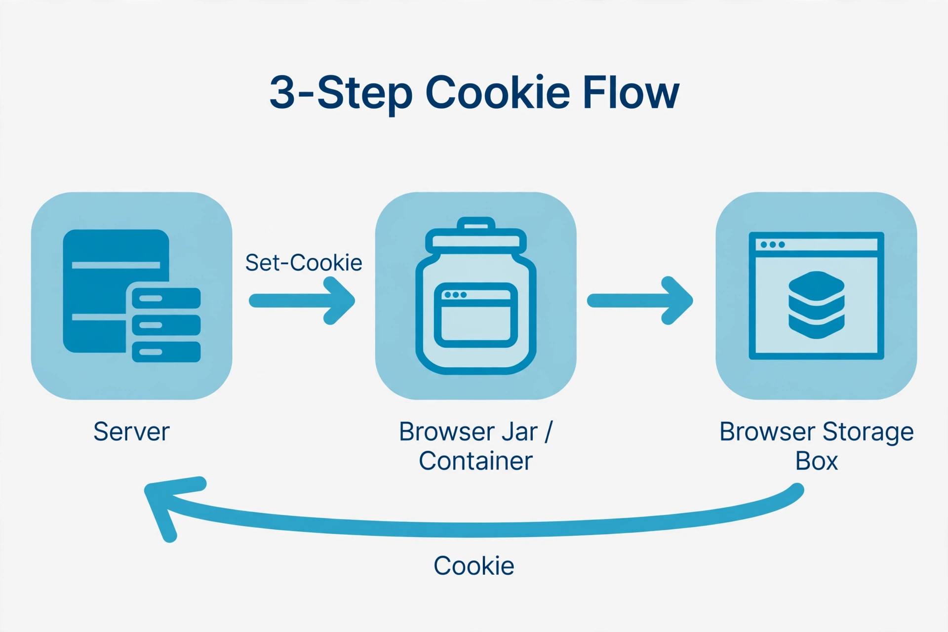 Diagram of the cookie flow: server sends Set-Cookie to the browser, the browser stores it, and sends a Cookie header back on later requests