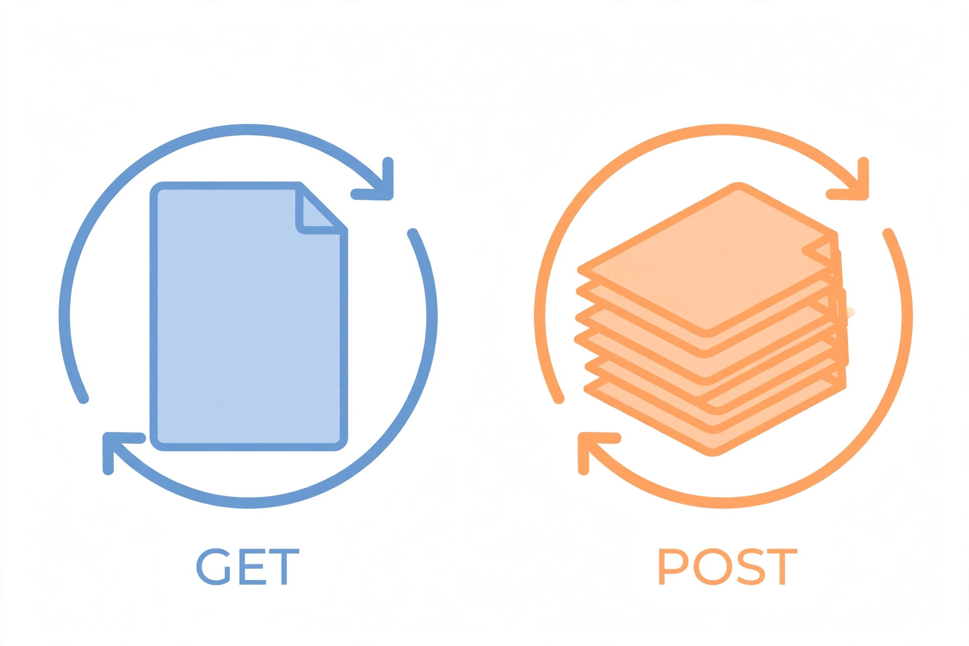 Diagram showing a repeated GET returning the same document and a repeated POST creating a stack of duplicate documents