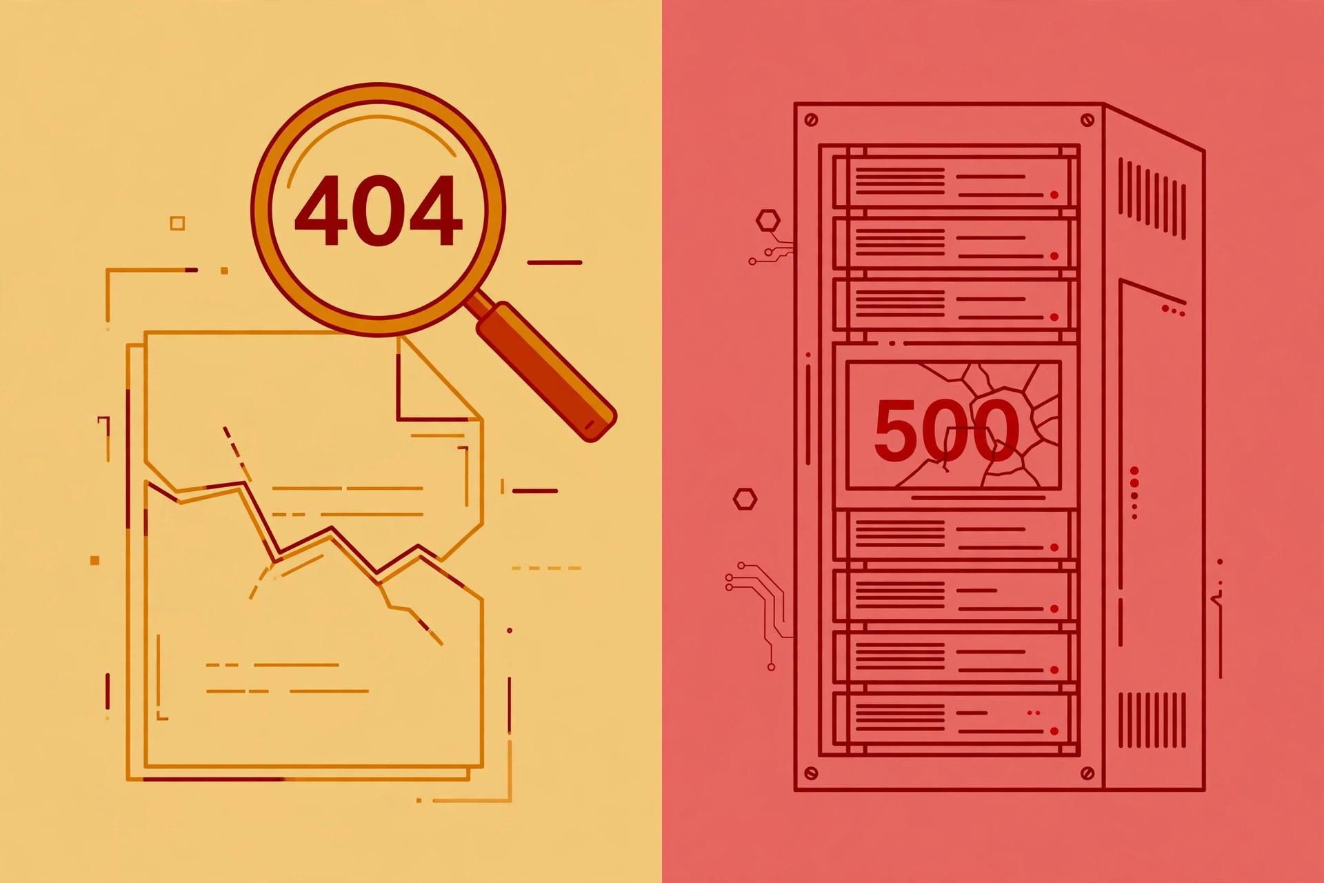 Illustration comparing a 404 client error (missing page) with a 500 server error (broken server)