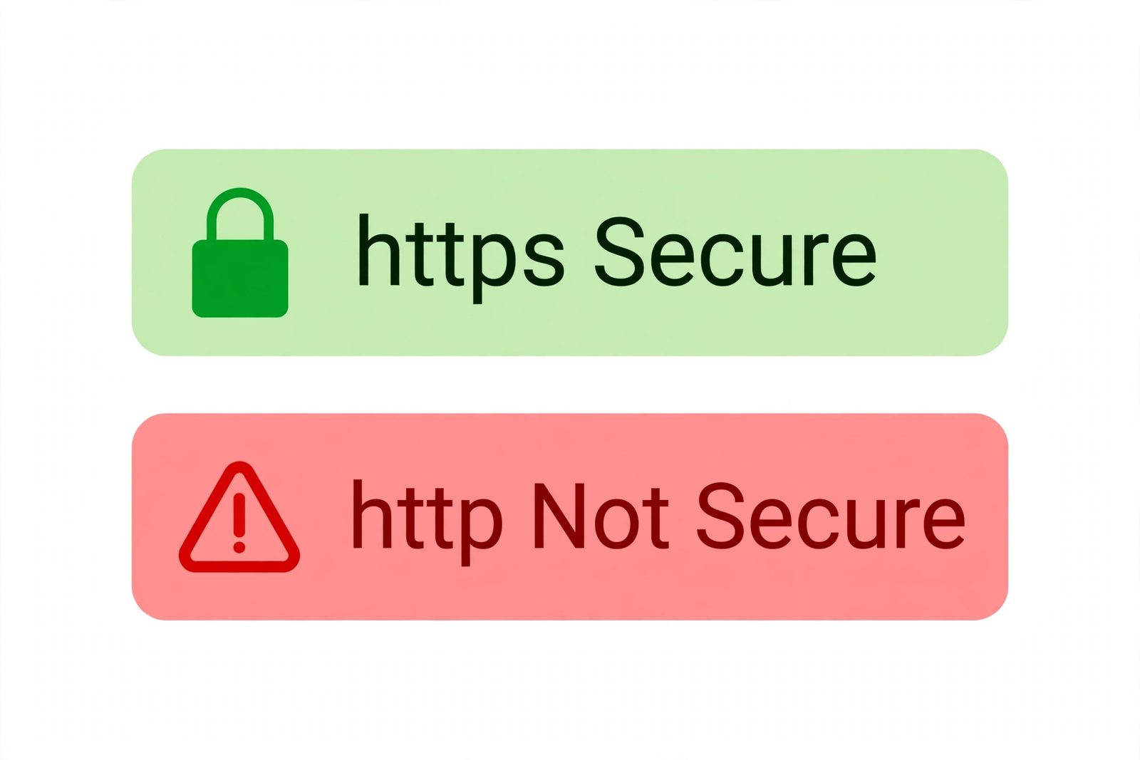 Mockup of two browser address bars: one showing a green padlock with https Secure, one showing a warning with http Not Secure