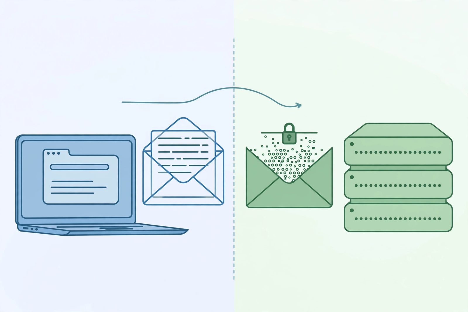 Illustration comparing an HTTP request traveling as readable plain text versus an HTTPS request traveling as locked, encrypted ciphertext between a browser and a server