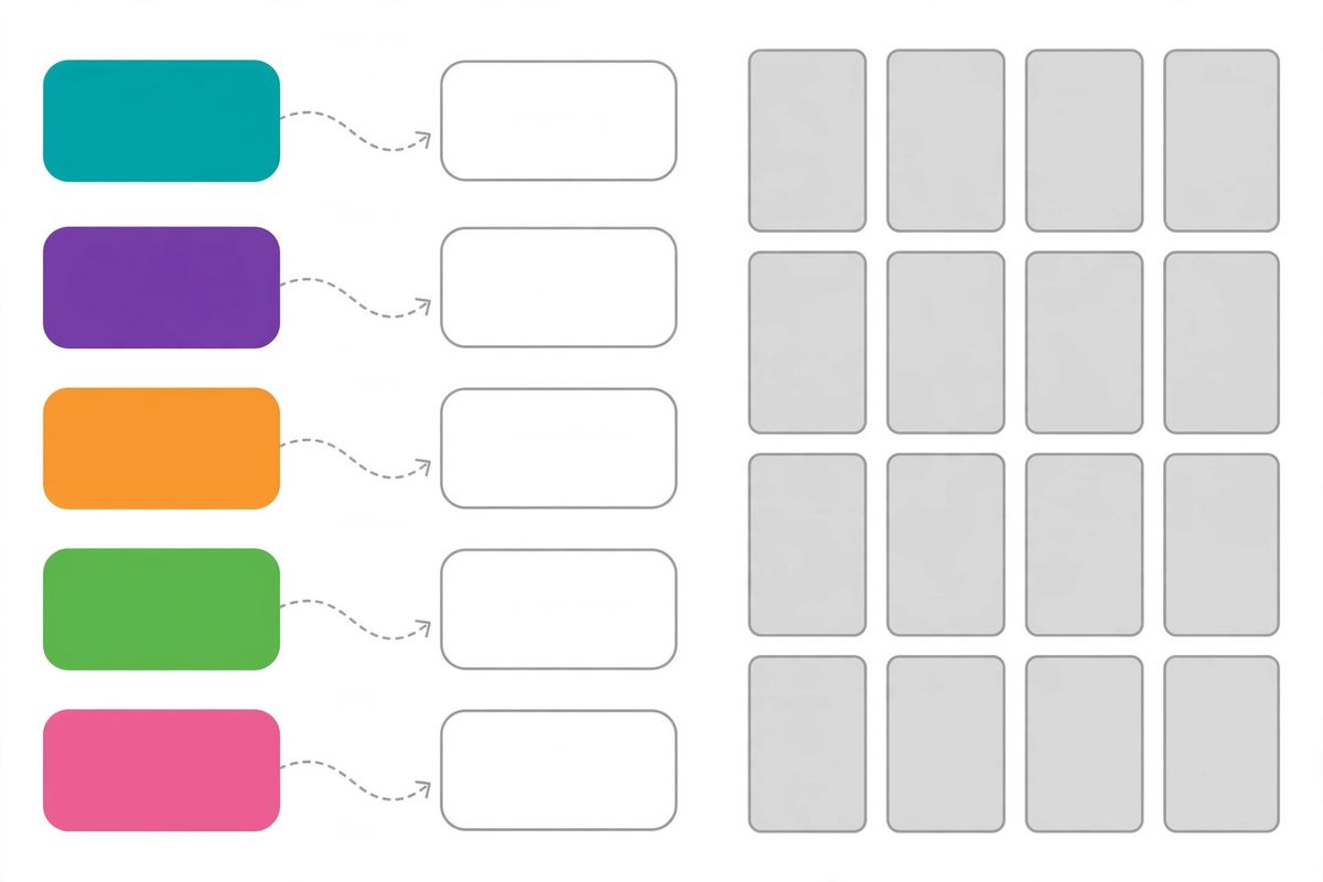 Typed data values shown as distinct colored chips versus uniform plain-text grid cells, illustrating that JSON preserves types while CSV stores everything as text