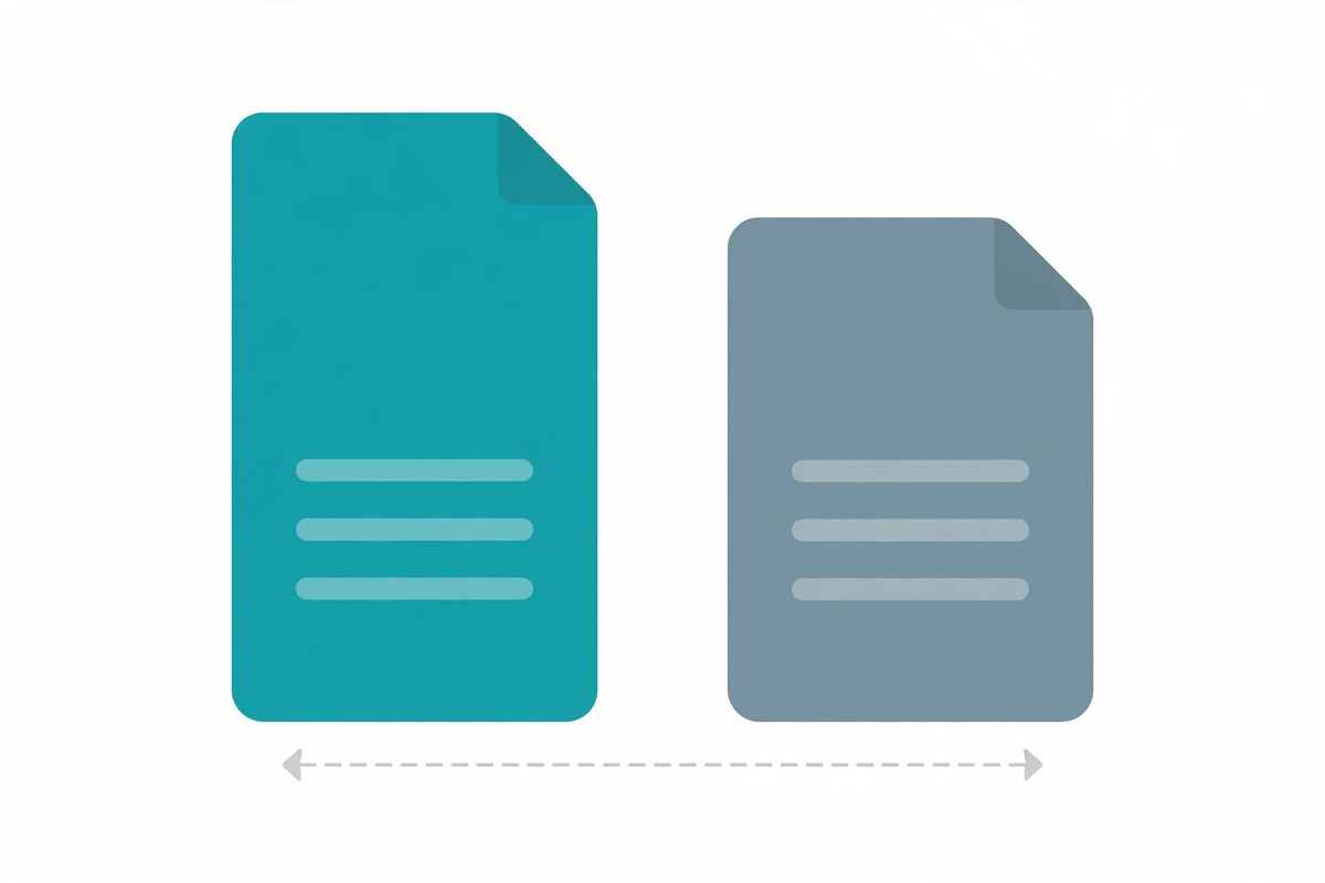 Two document icons of different sizes showing JSON's repeated key names making it bulkier than flat CSV for the same tabular data