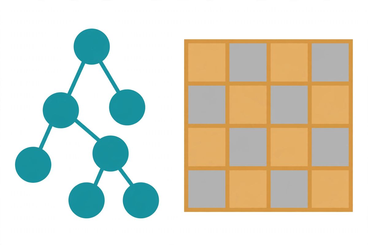 Diagram: JSON's nested tree structure of connected nodes versus CSV's flat grid of rows and columns