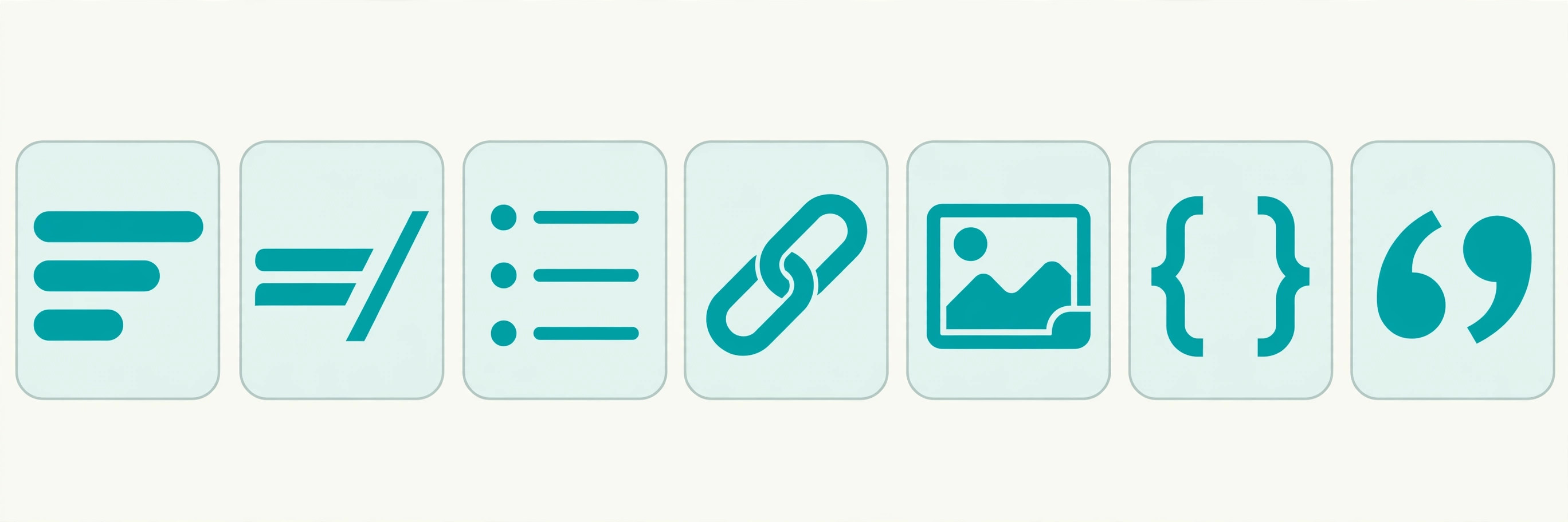 Minimal diagram of Markdown building blocks: heading levels as nested blocks, bold and italic text samples, and a list