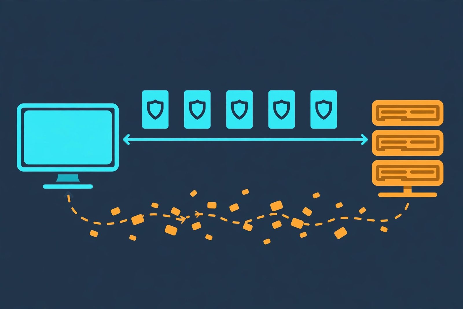 Illustration comparing TCP's reliable ordered data path with UDP's fast fire-and-forget path between a client and a server