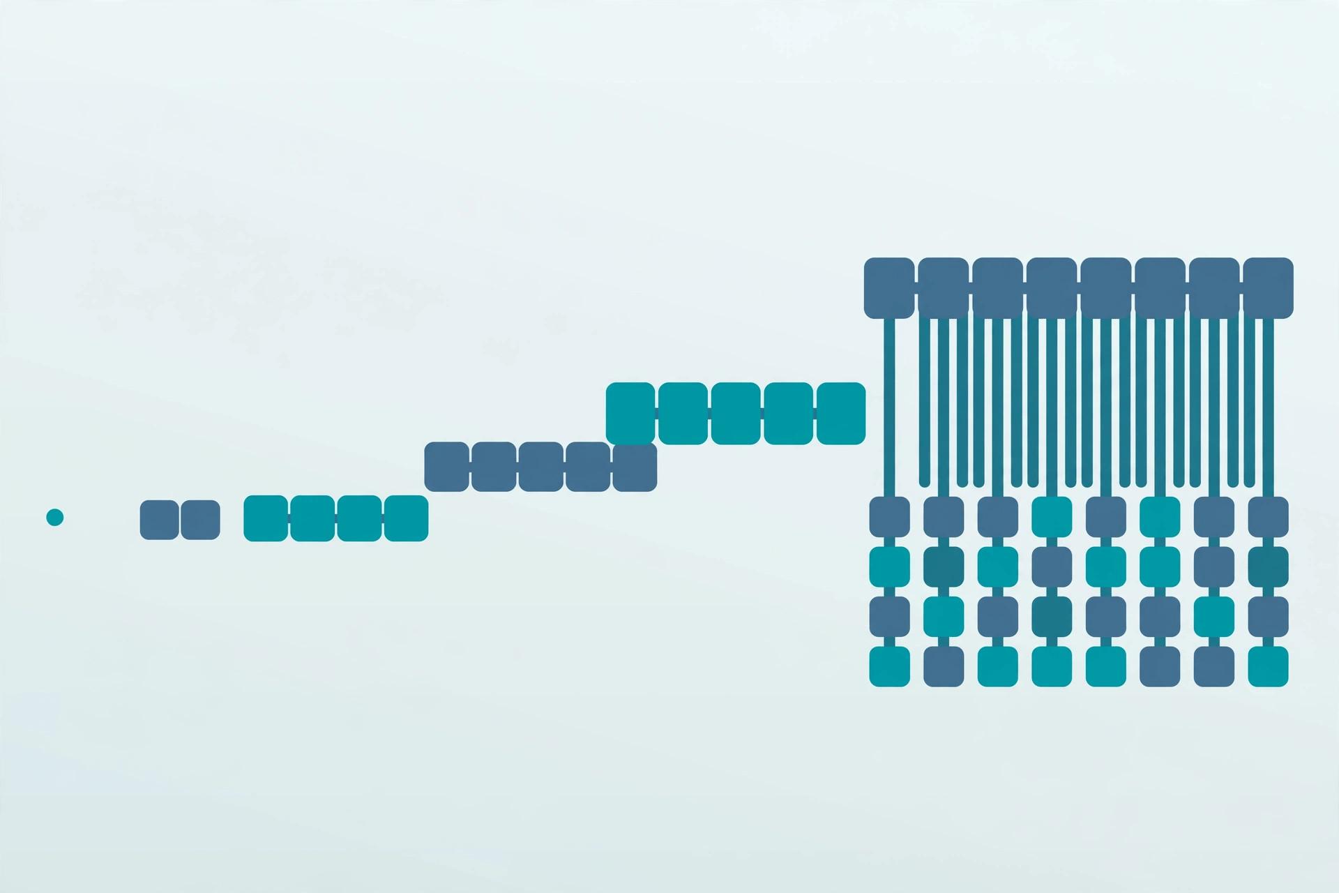 Illustration of combinatorial growth: one small token multiplying into a vast field of unique tokens