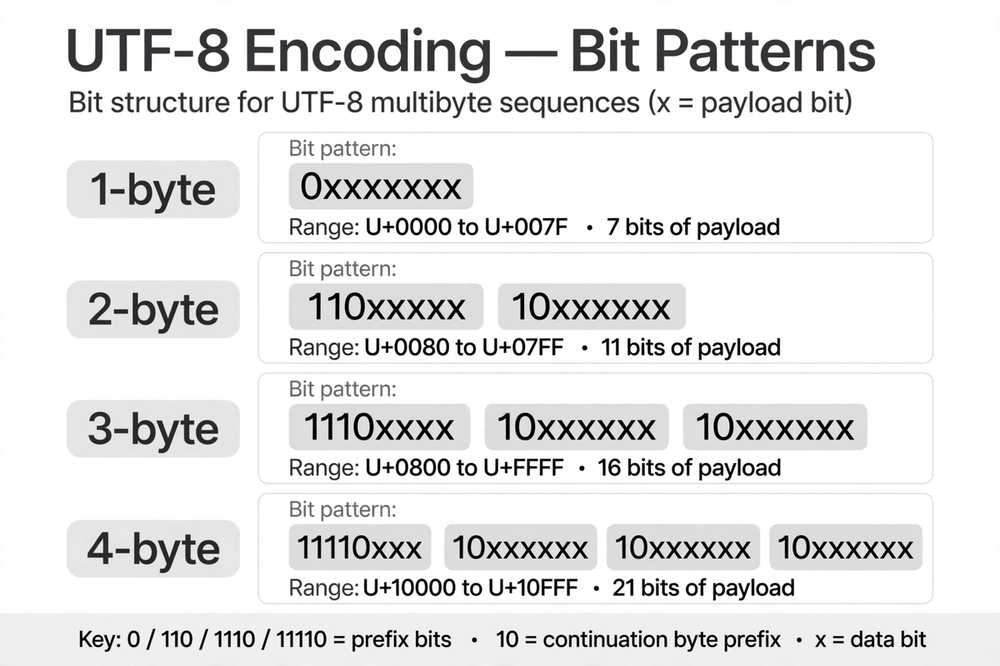 UTF-8 bit pattern reference: 0xxxxxxx for 1 byte, 110xxxxx 10xxxxxx for 2 bytes, 1110xxxx plus two continuation bytes for 3 bytes, 11110xxx plus three continuation bytes for 4 bytes