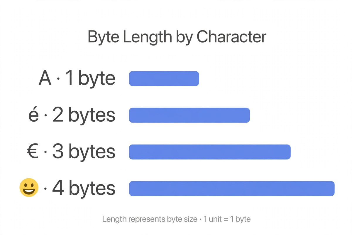 Byte length comparison: A uses 1 byte, é uses 2 bytes, € uses 3 bytes, 😀 uses 4 bytes in UTF-8