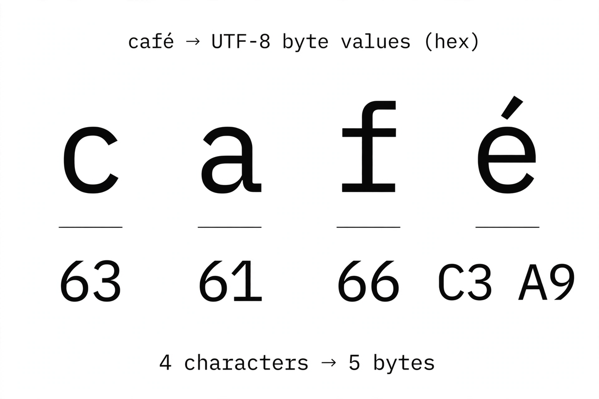 Worked example: the word café maps to UTF-8 bytes c=63 a=61 f=66 é=C3 A9, showing 4 characters become 5 bytes