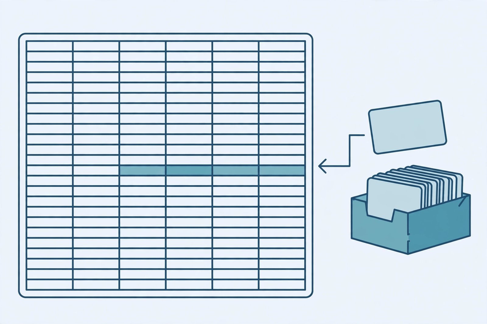 Illustration of a database table beside a small sorted card file pointing to one highlighted row