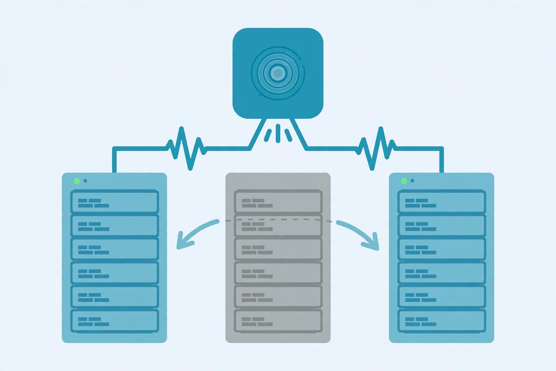 Diagram of a monitor node sending heartbeat pulses to three server racks, one greyed out with traffic rerouted to the healthy racks