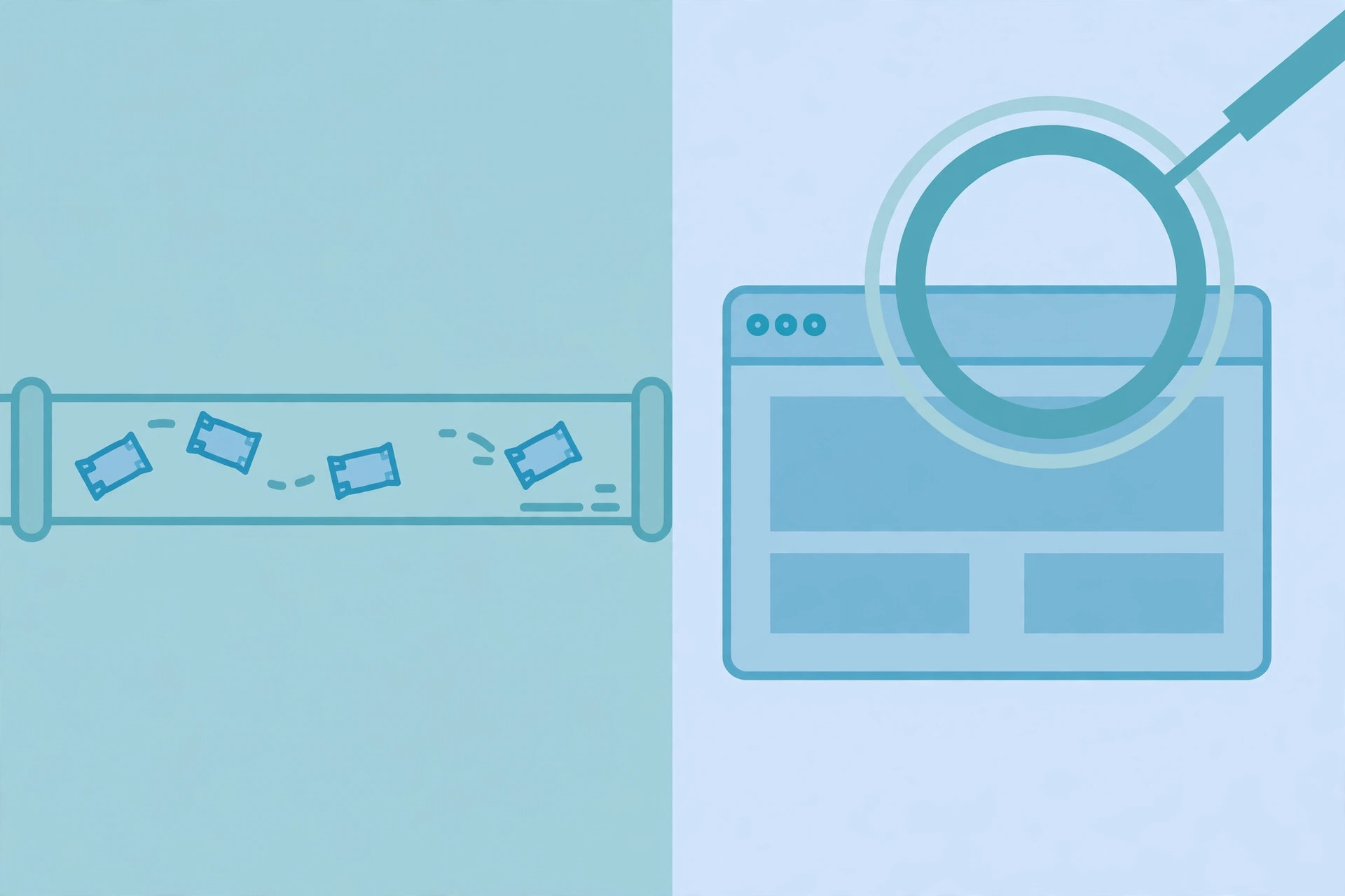 Diagram contrasting plain network packets flowing through a pipe with a browser window being inspected
