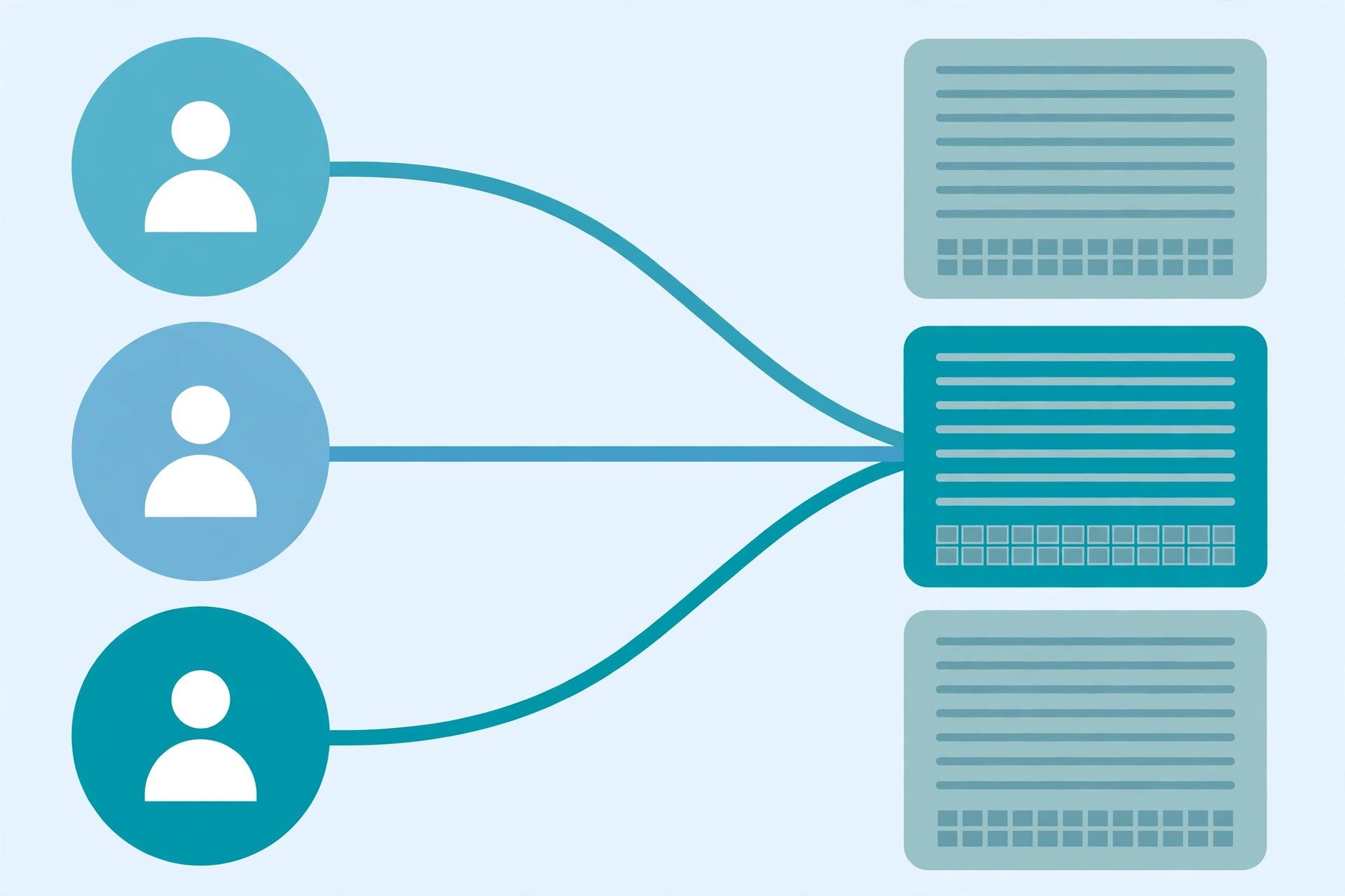 Diagram of three coloured user avatars each connected by a matching coloured line to the same server rack among three racks