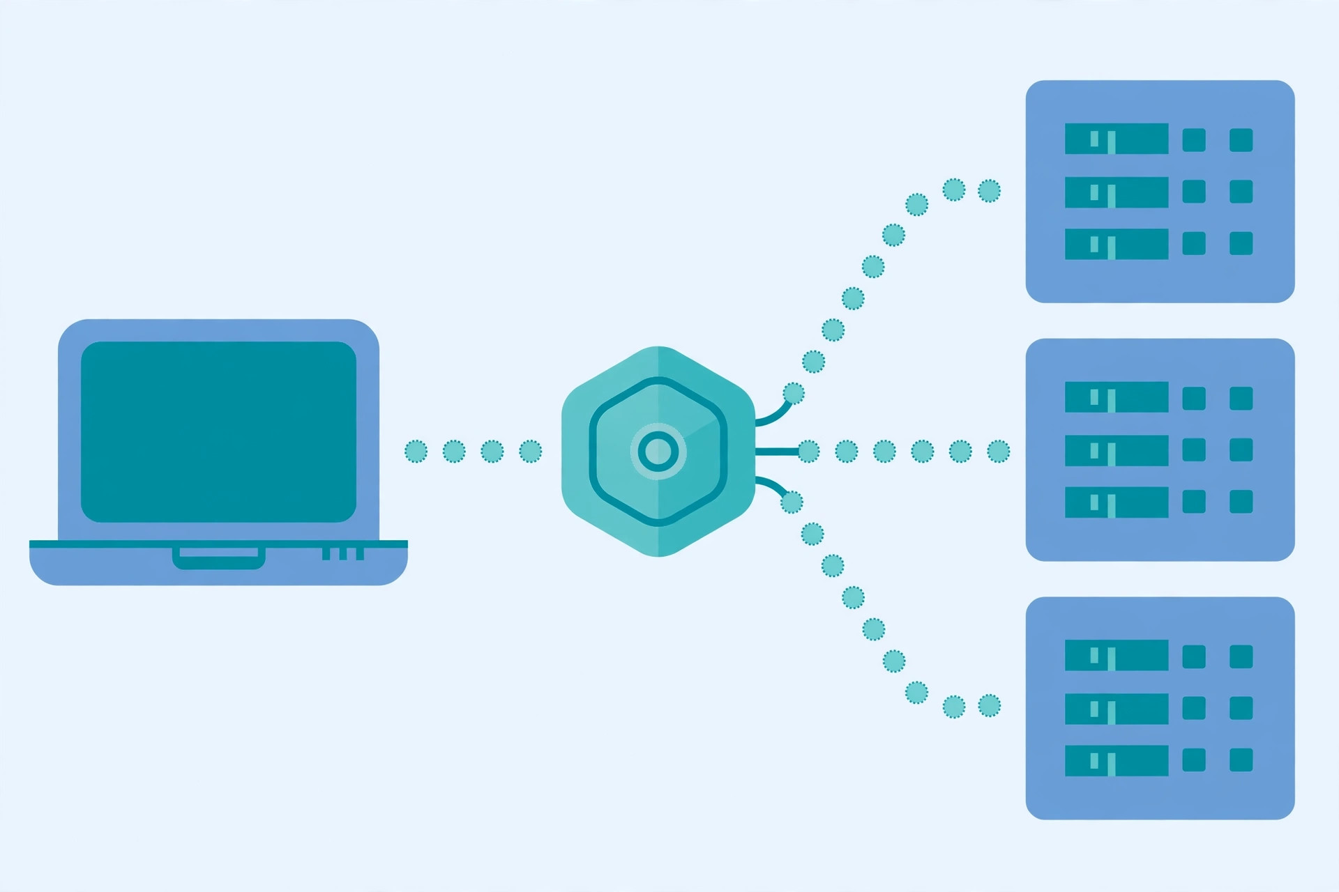 Illustration of a laptop sending request dots through a central load balancer node that spreads them across three server racks