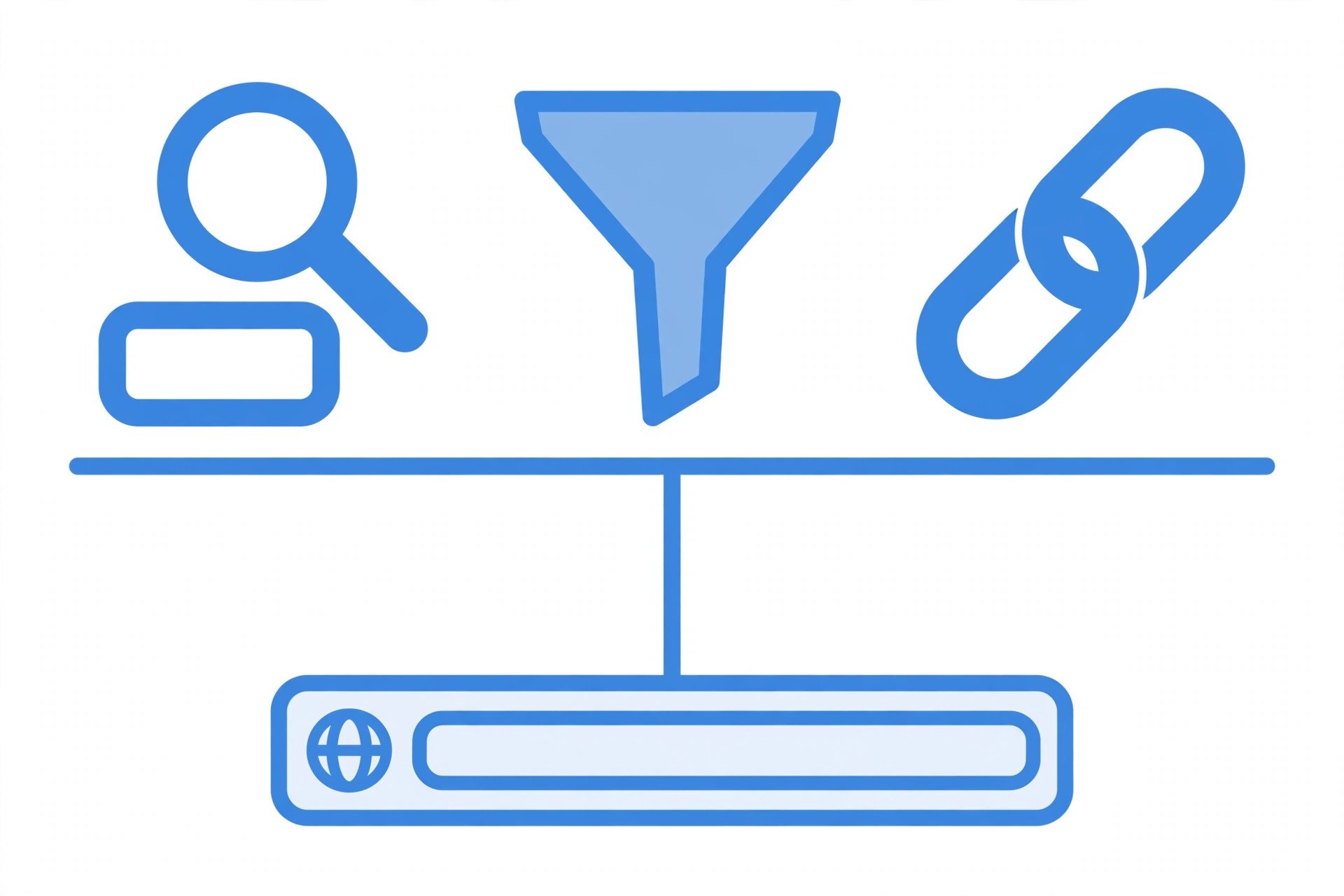 Diagram showing a search box, a filter icon, and a share icon all feeding into a browser address bar
