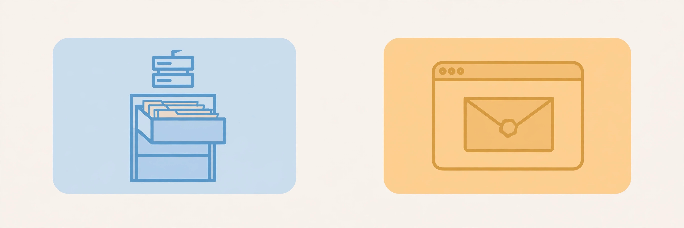 Diagram contrasting a server-side filing cabinet with a sealed envelope held by a browser