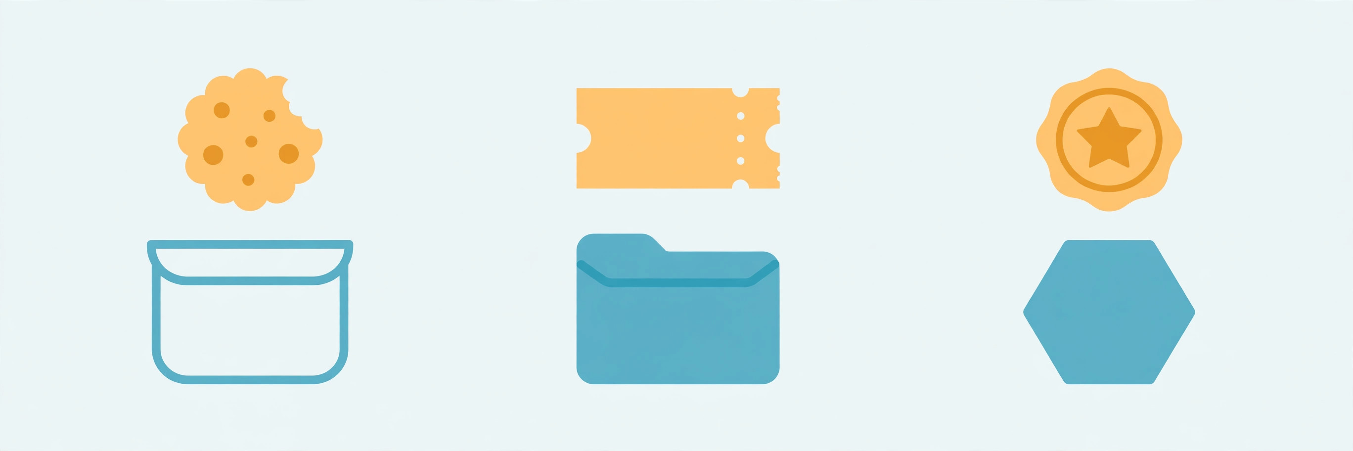 Diagram of three columns showing a cookie, a ticket stub, and a sealed token badge