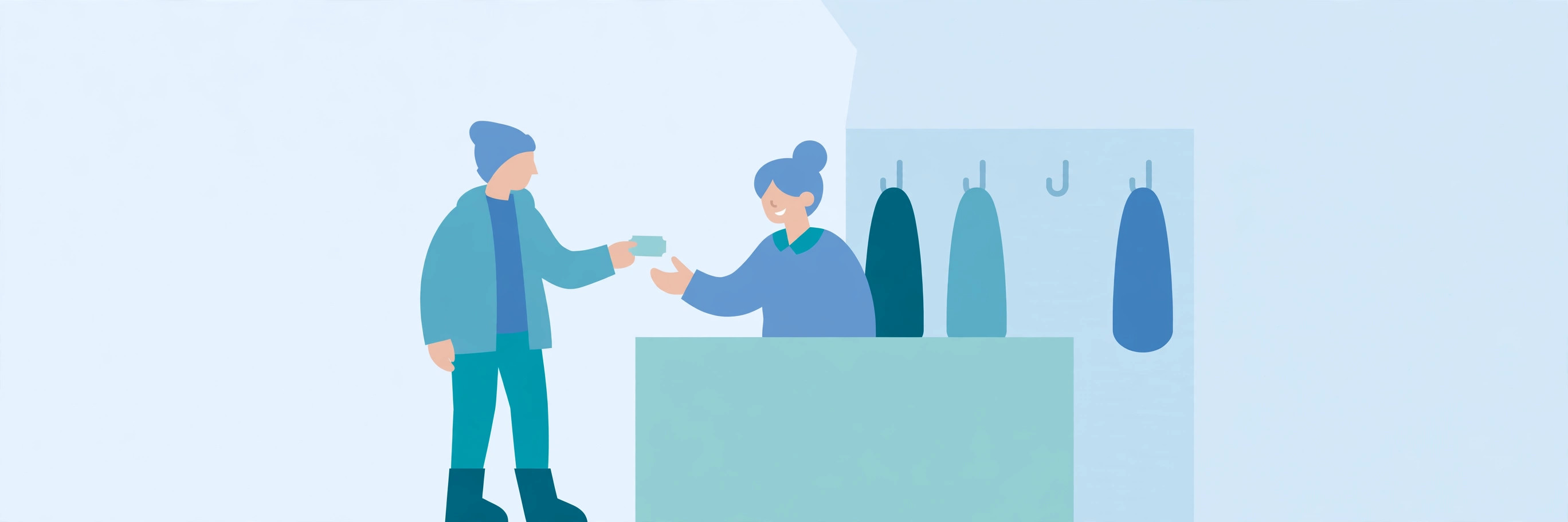 Illustration of a visitor handing a coat-check ticket to a counter while coats hang on numbered hooks behind it