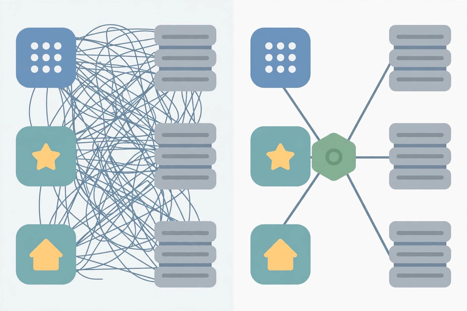 Diagram contrasting a tangled web of direct app-to-server lines with the same apps connected neatly through one central gateway hub
