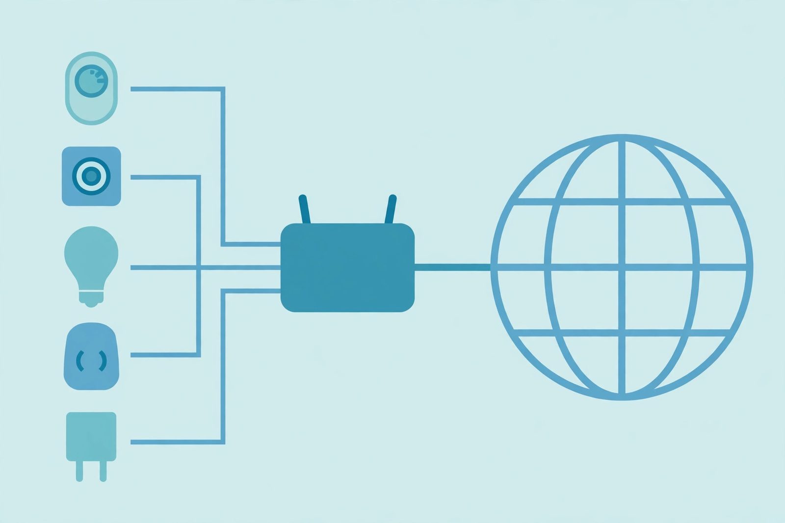 Diagram of several home devices connected to a router, which connects with a single line to a globe representing the internet