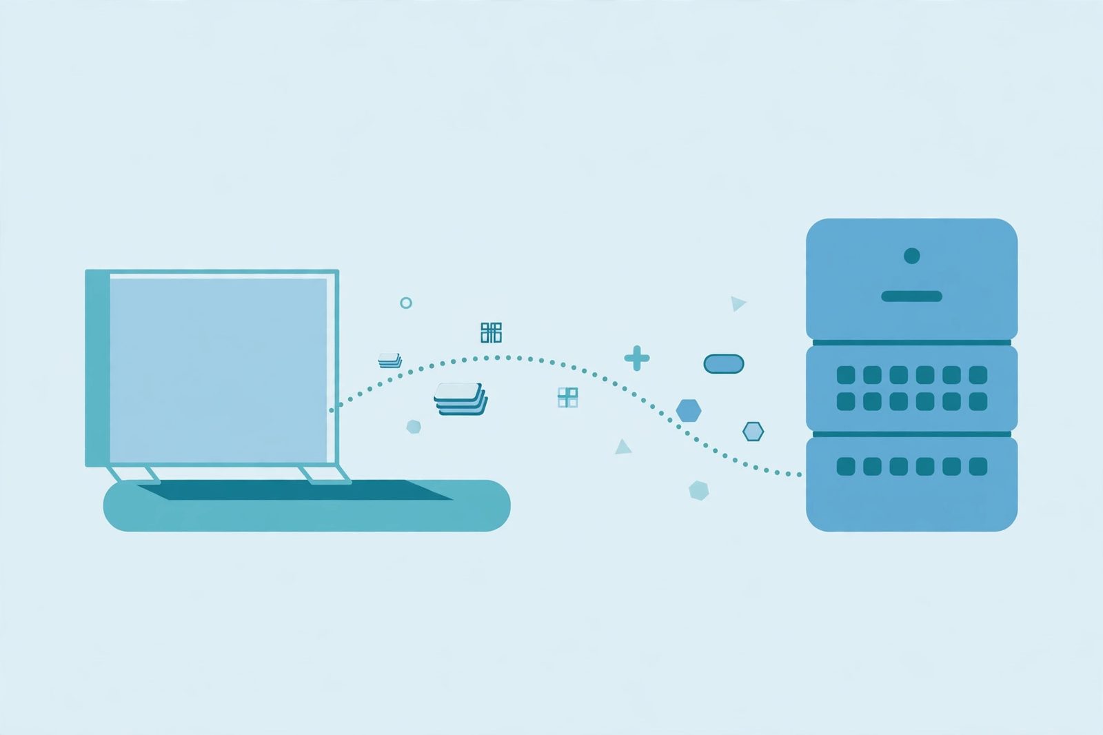 Illustration of a laptop and a server connected over a network, with small address blocks travelling between them