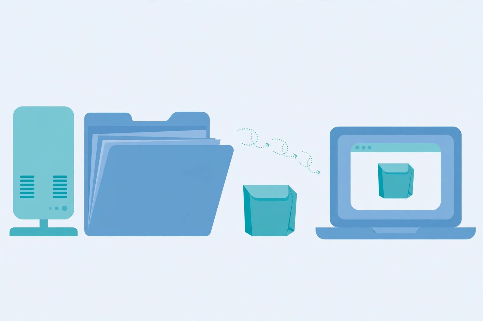 Illustration of a large file shrinking into a small compact package as it travels from a server to a laptop browser