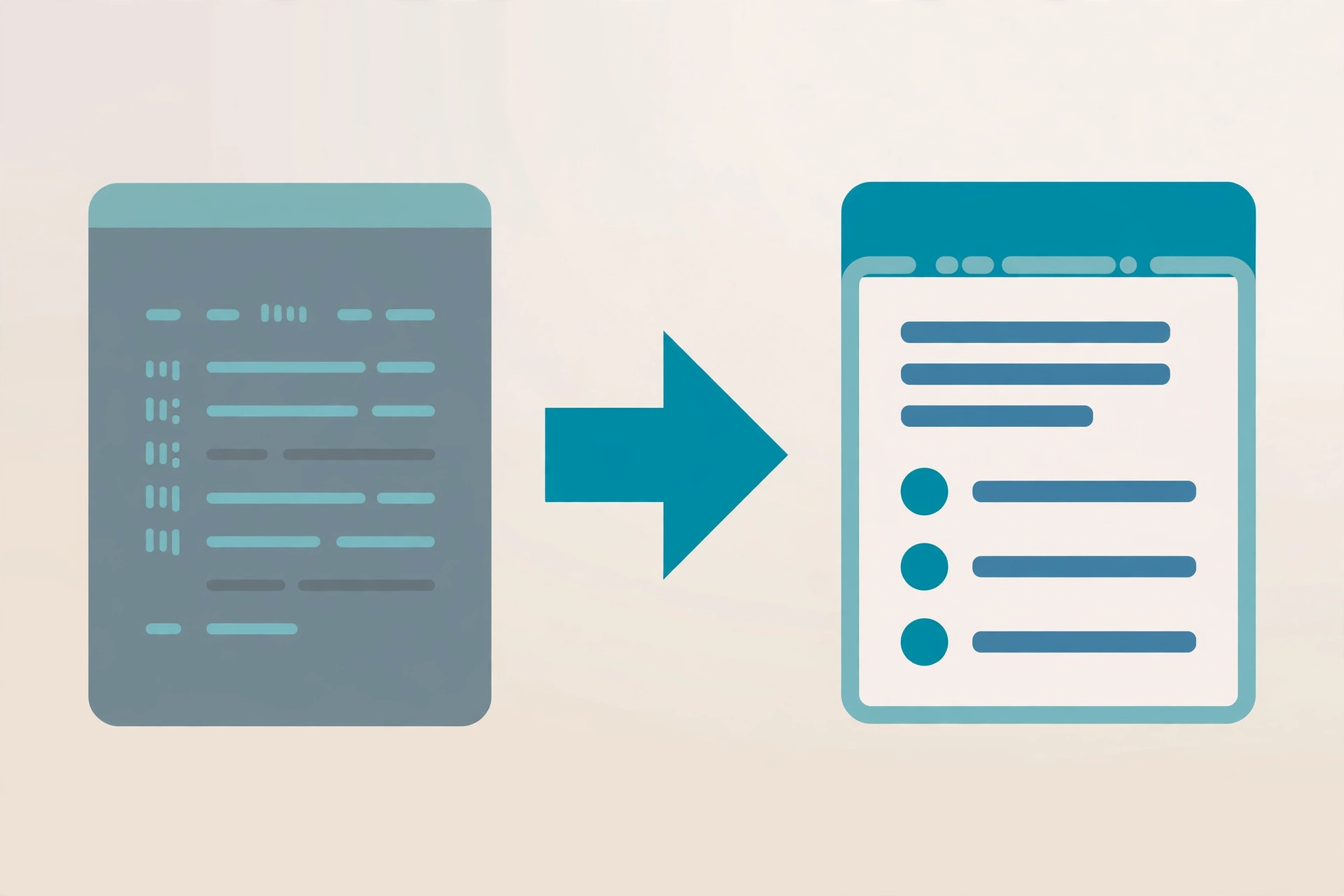 Minimal illustration of plain text on the left transforming into a formatted document on the right